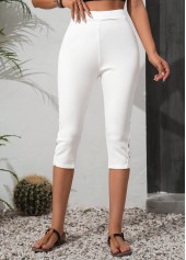 White Elastic Waist High Waisted Capri Leggings