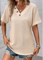 Button Beige Short Sleeve V Neck Blouse