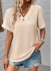 Button Beige Short Sleeve V Neck Blouse
