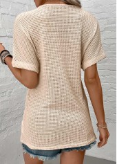 Button Beige Short Sleeve V Neck Blouse