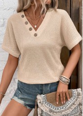 Button Beige Short Sleeve V Neck Blouse
