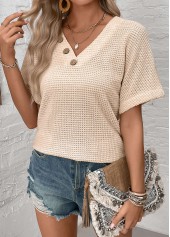 Button Beige Short Sleeve V Neck Blouse