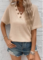 Button Beige Short Sleeve V Neck Blouse