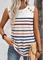 Striped Button White Round Neck Tank Top