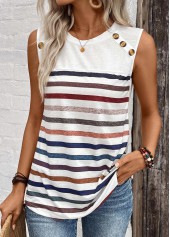 Striped Button White Round Neck Tank Top