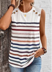 Striped Button White Round Neck Tank Top