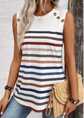 Striped Button White Round Neck Tank Top