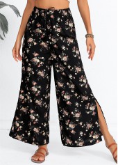 Ditsy Floral Print Split Black Flare Leg Pants