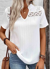Plus Size Lace White Short Sleeve Split Neck Blouse