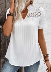 Plus Size Lace White Short Sleeve Split Neck Blouse