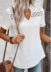 Plus Size Lace White Short Sleeve Split Neck Blouse