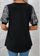 V Neck Sequin Black Short Sleeve T Shirt