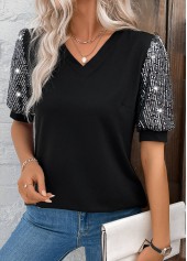 V Neck Sequin Black Short Sleeve T Shirt
