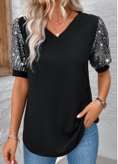 V Neck Sequin Black Short Sleeve T Shirt