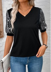 V Neck Sequin Black Short Sleeve T Shirt