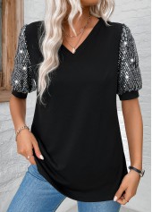 V Neck Sequin Black Short Sleeve T Shirt