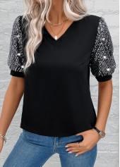V Neck Sequin Black Short Sleeve T Shirt