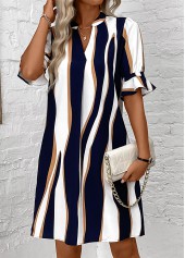 Striped Patchwork Navy Half Sleeve Split Neck Dress