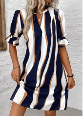 Striped Patchwork Navy Half Sleeve Split Neck Dress