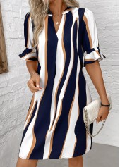 Striped Patchwork Navy Half Sleeve Split Neck Dress