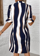 Striped Patchwork Navy Half Sleeve Split Neck Dress