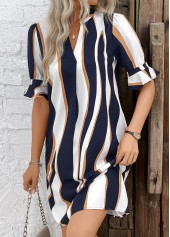 Striped Patchwork Navy Half Sleeve Split Neck Dress