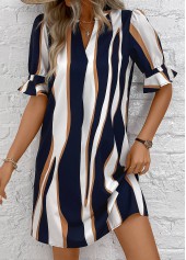 Striped Patchwork Navy Half Sleeve Split Neck Dress