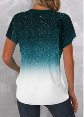 Turquoise Plus Size Button Ombre Short Sleeve Blouse