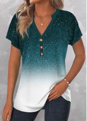 Turquoise Plus Size Button Ombre Short Sleeve Blouse