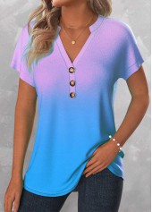 Ombre Button Sky Blue Split Neck T Shirt