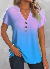 Ombre Button Sky Blue Split Neck T Shirt