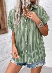 Striped Button Sage Green Shirt Collar Blouse