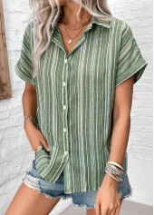 Striped Button Sage Green Shirt Collar Blouse