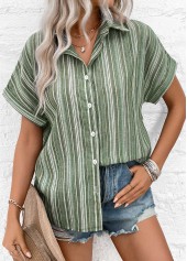 Striped Button Sage Green Shirt Collar Blouse
