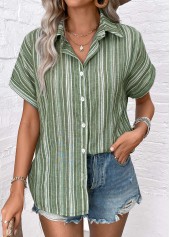 Striped Button Sage Green Shirt Collar Blouse