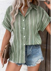 Striped Button Sage Green Shirt Collar Blouse