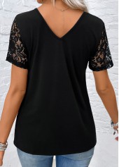 Short Sleeve Lace Black V Neck T Shirt