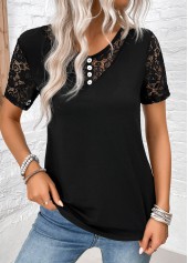 Short Sleeve Lace Black V Neck T Shirt