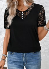 Short Sleeve Lace Black V Neck T Shirt
