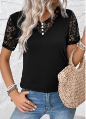 Short Sleeve Lace Black V Neck T Shirt
