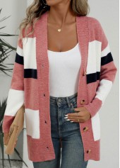 Striped Button Pink Long Sleeve Cardigan