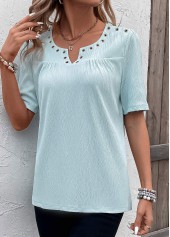Eyelet Light Blue Short Sleeve Split Neck Blouse