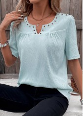 Eyelet Light Blue Short Sleeve Split Neck Blouse