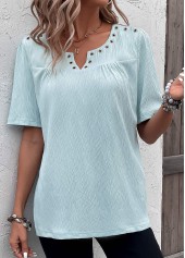 Eyelet Light Blue Short Sleeve Split Neck Blouse