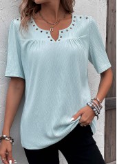 Eyelet Light Blue Short Sleeve Split Neck Blouse