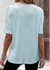 Eyelet Light Blue Short Sleeve Split Neck Blouse