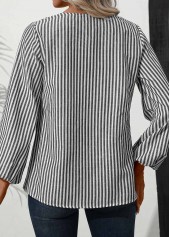 Striped Asymmetry Navy Long Sleeve Asymmetrical Neck Blouse