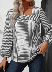 Striped Asymmetry Navy Long Sleeve Asymmetrical Neck Blouse