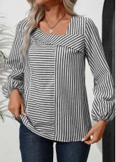 Striped Asymmetry Navy Long Sleeve Asymmetrical Neck Blouse