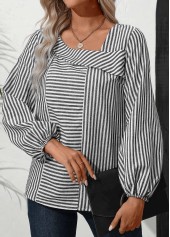 Striped Asymmetry Navy Long Sleeve Asymmetrical Neck Blouse